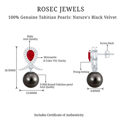 Vintage Style Tahitian Black Pearl Bridal Earrings with Ruby