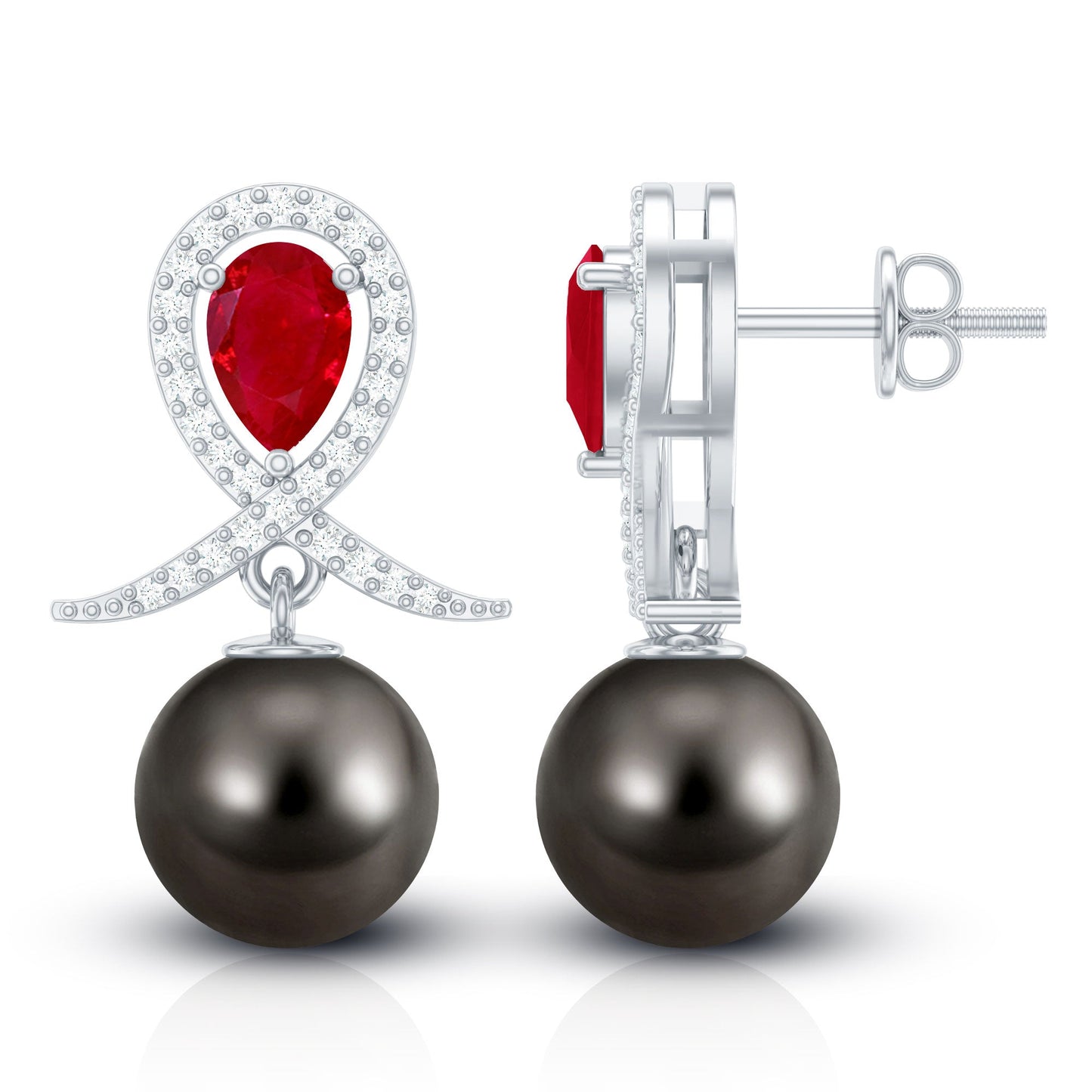 Vintage Style Tahitian Black Pearl Bridal Earrings with Ruby