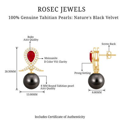 Vintage Style Tahitian Black Pearl Bridal Earrings with Ruby