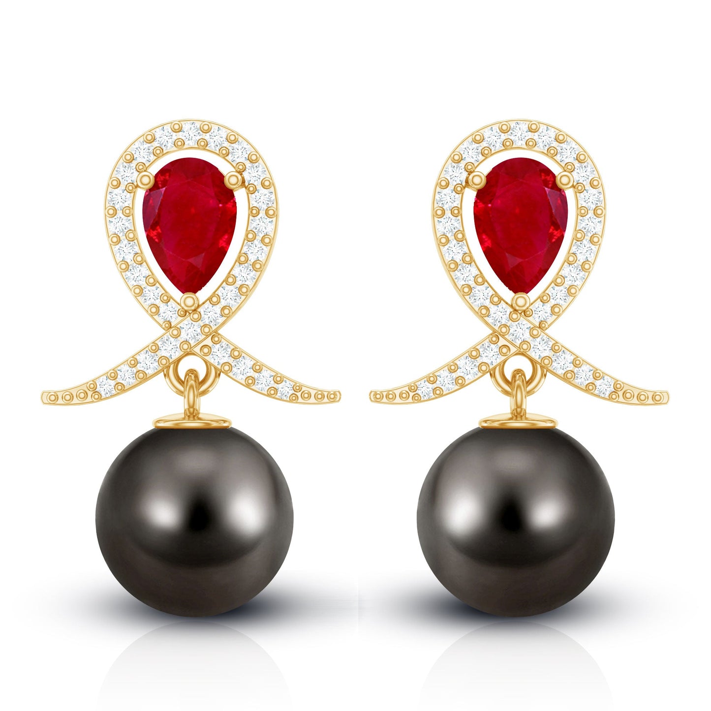 Vintage Style Tahitian Black Pearl Bridal Earrings with Ruby