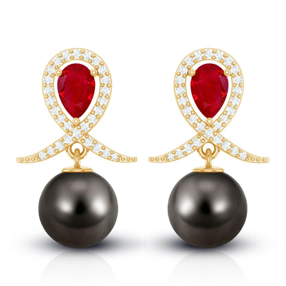 Vintage Style Tahitian Black Pearl Bridal Earrings with Ruby