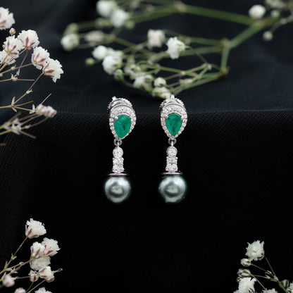 Genuine Black Pearl Wedding Earrings with Emerald and Diamond