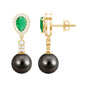 Genuine Black Pearl Wedding Earrings with Emerald and Diamond