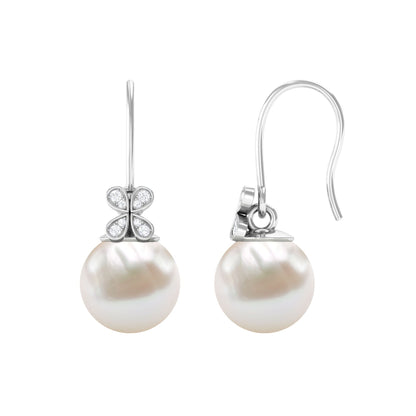 Natural Freshwater Pearl Drop Earrings with Flower Diamond