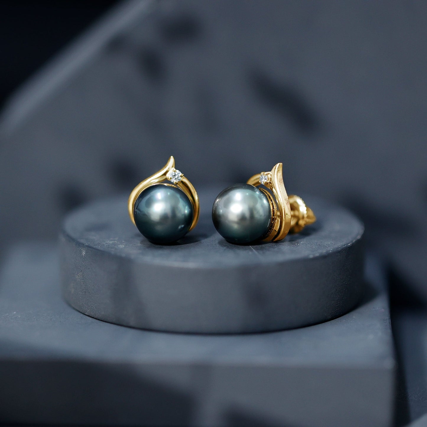 Cultured 16 Carat Tahitian Pearl Bridal Stud Earrings with Diamond
