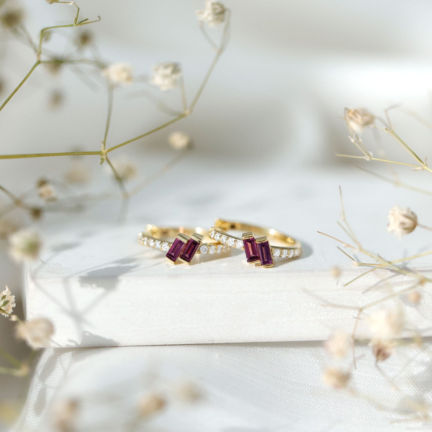 Rhodolite Garnet and Diamond Hoop Earrings in Gold Plated Silver