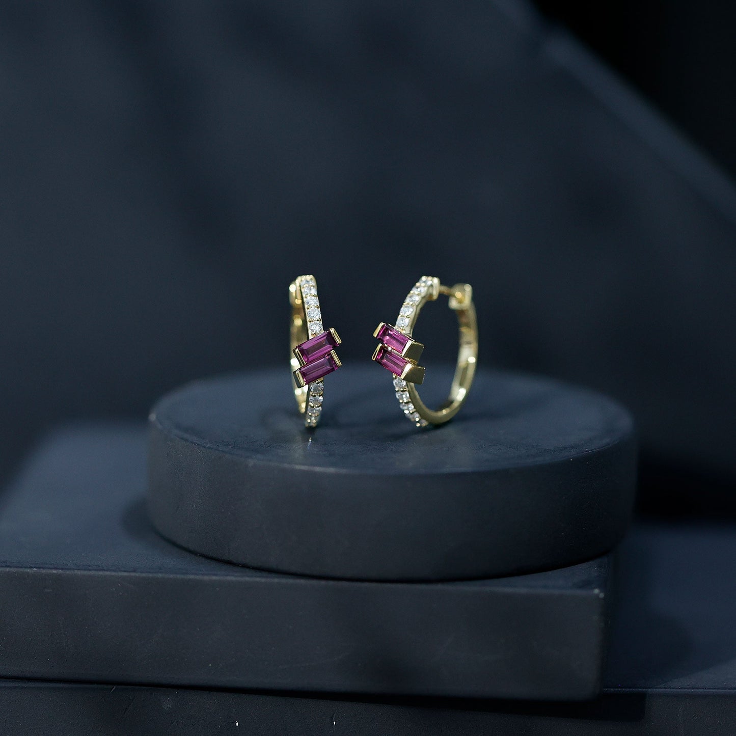 Rhodolite Garnet and Diamond Hoop Earrings in Gold Plated Silver