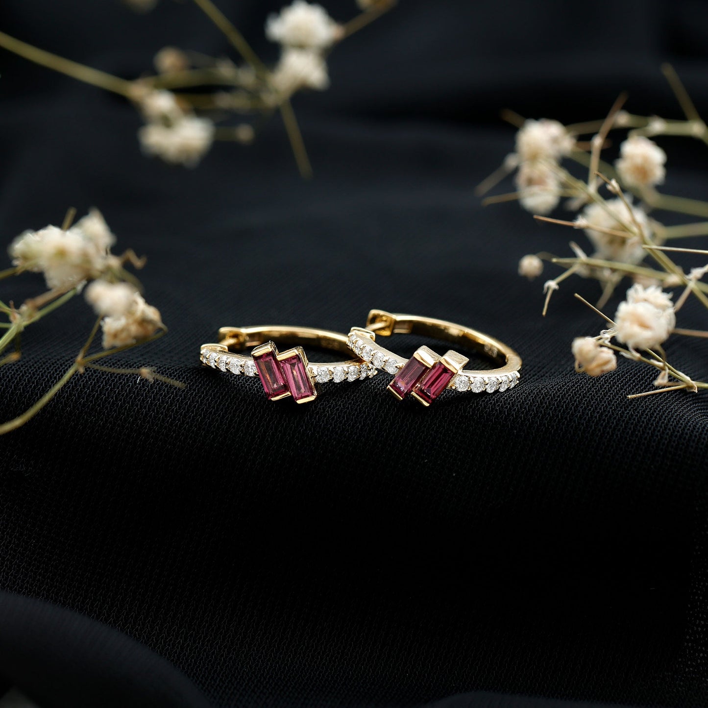 Rhodolite Garnet and Diamond Hoop Earrings in Gold Plated Silver