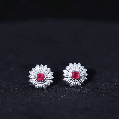 Bezel Set Real Ruby Flower Stud Earrings
