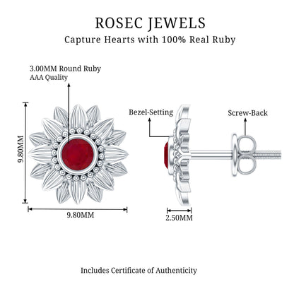 Bezel Set Real Ruby Flower Stud Earrings