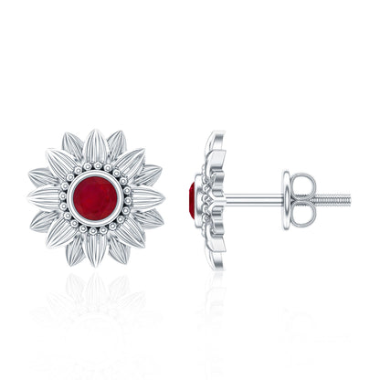 Bezel Set Real Ruby Flower Stud Earrings