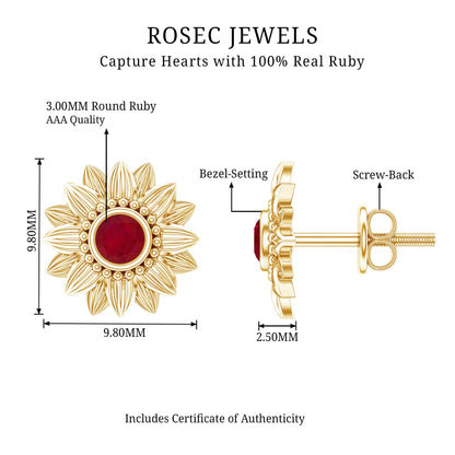 Bezel Set Real Ruby Flower Stud Earrings