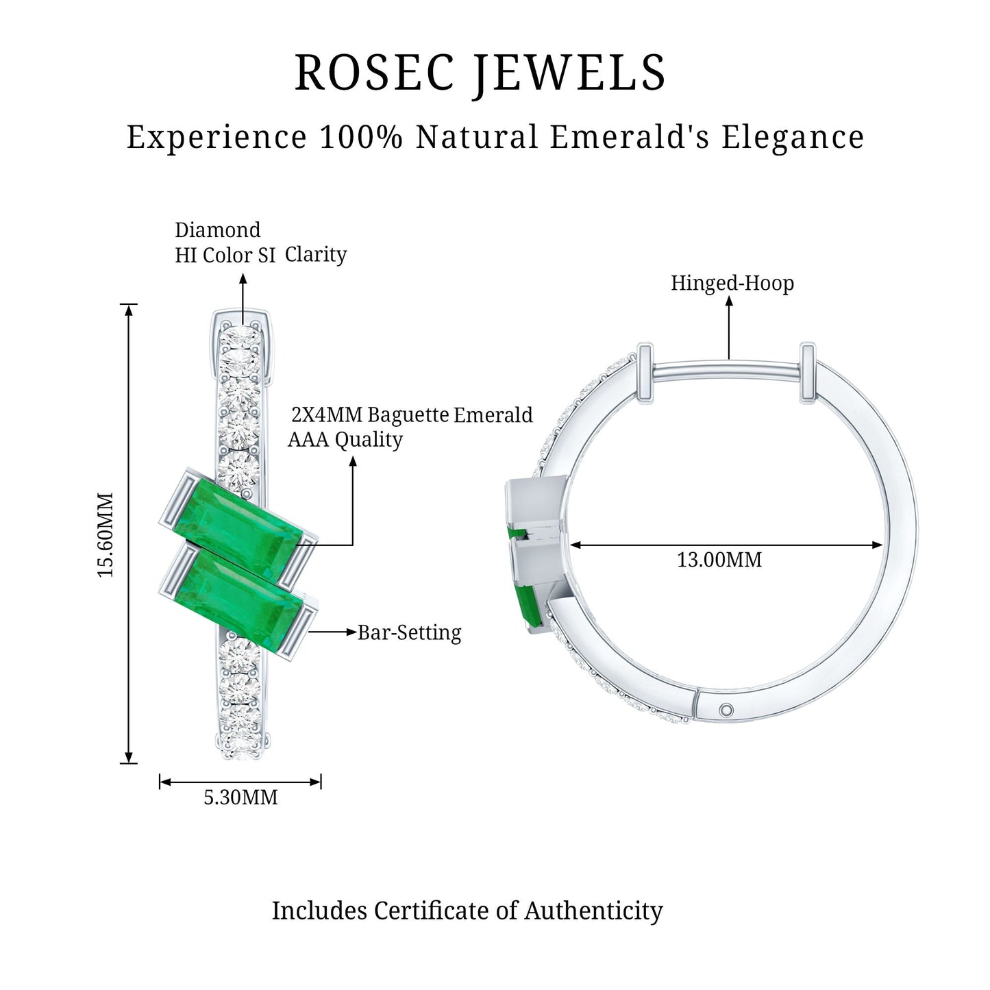Baguette Emerald and Diamond Hoop Earrings For Women