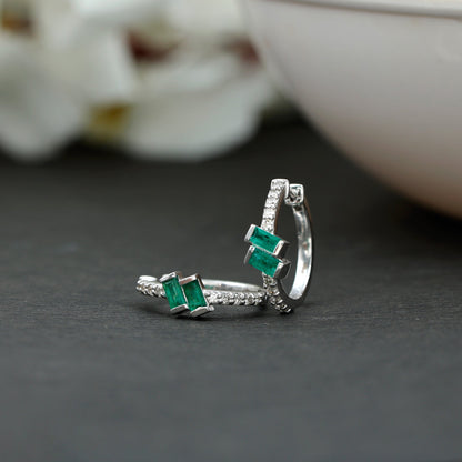 Baguette Emerald and Diamond Hoop Earrings For Women