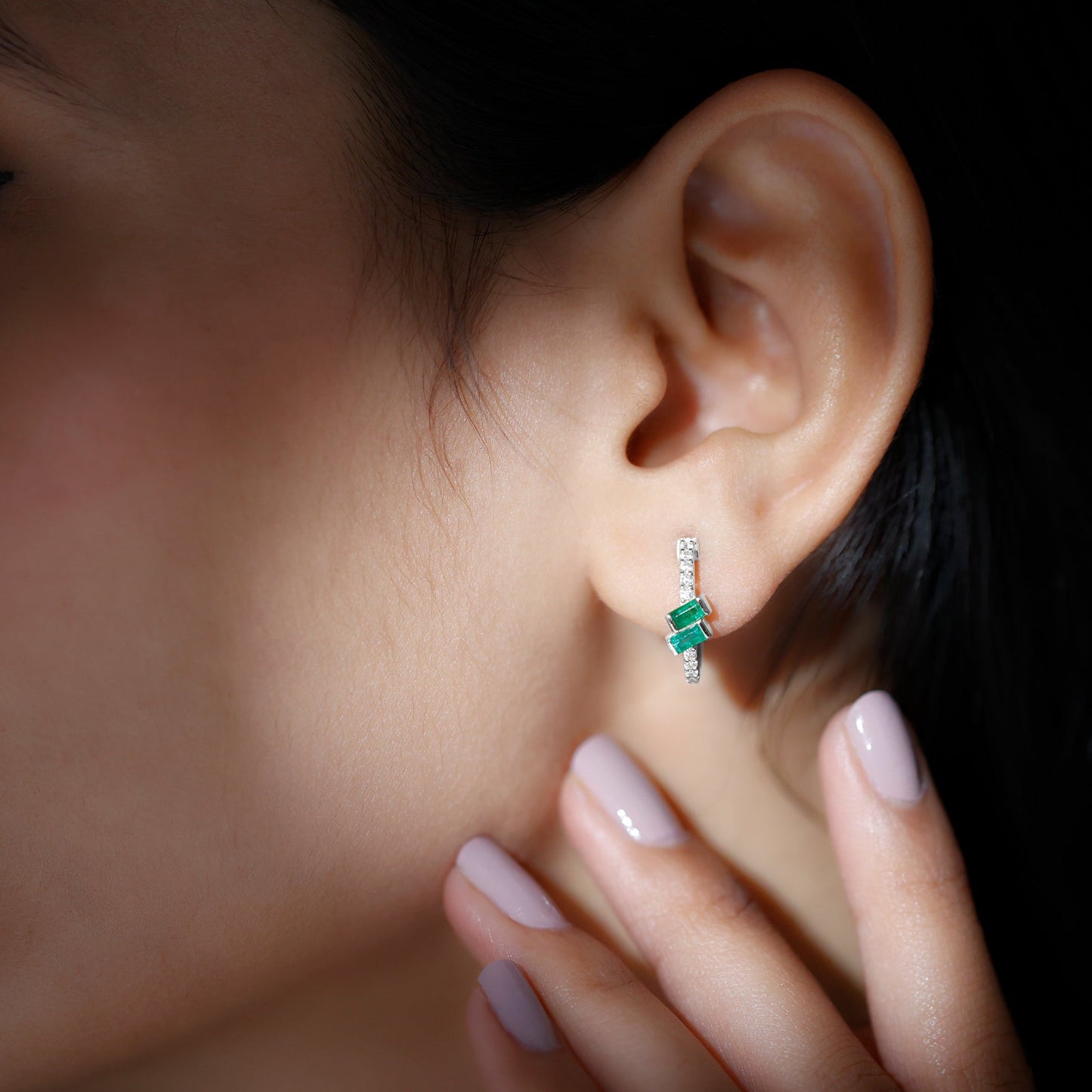 Baguette Emerald and Diamond Hoop Earrings For Women