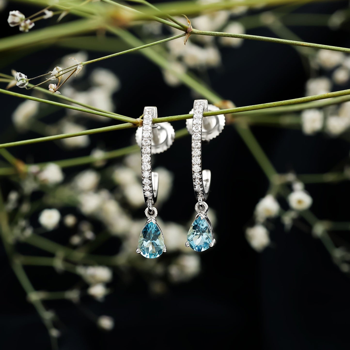 Aquamarine and Diamond Hoop Drop Earrings