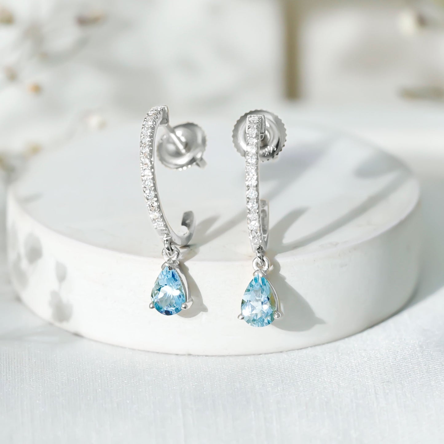 Aquamarine and Diamond Hoop Drop Earrings