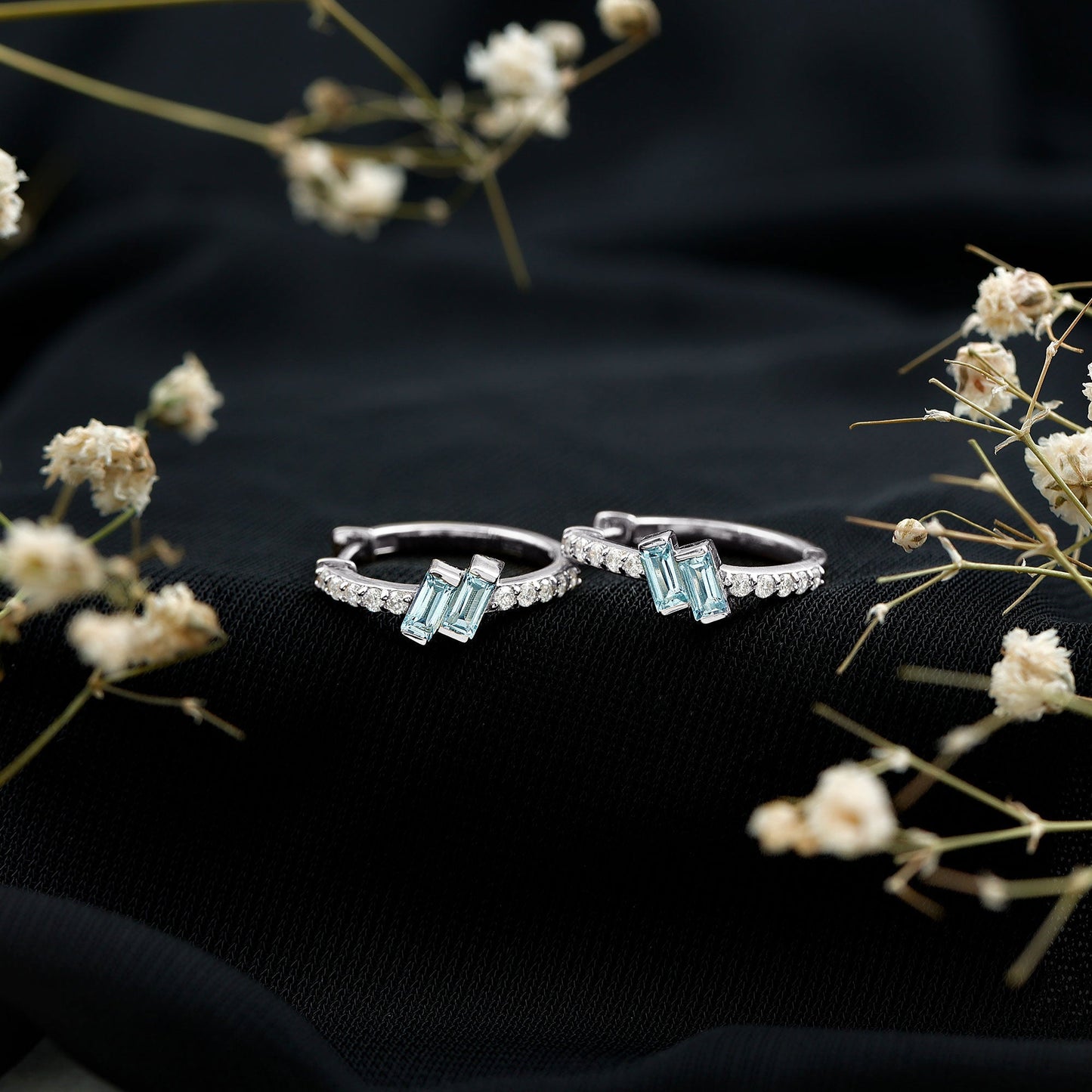 Natural Half Carat Aquamarine Hoop Earrings with Lab Diamond