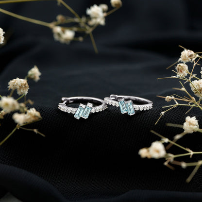 Natural Half Carat Aquamarine Hoop Earrings with Lab Diamond