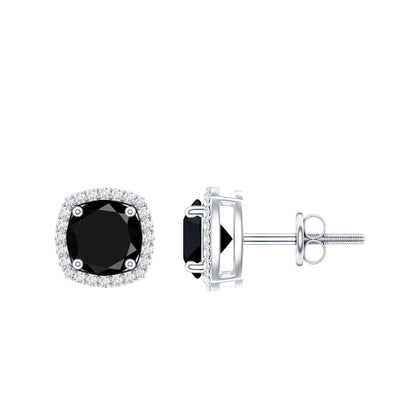 Vintage Black Onyx Stud Earrings with Diamond Halo