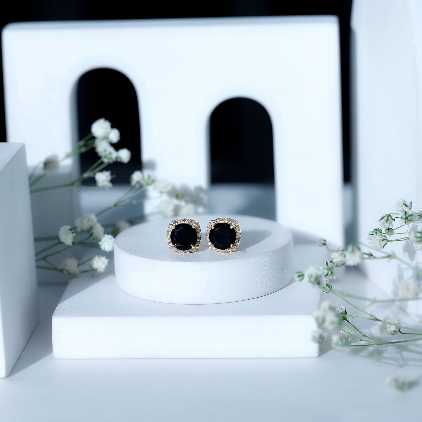 Vintage Black Onyx Stud Earrings with Diamond Halo
