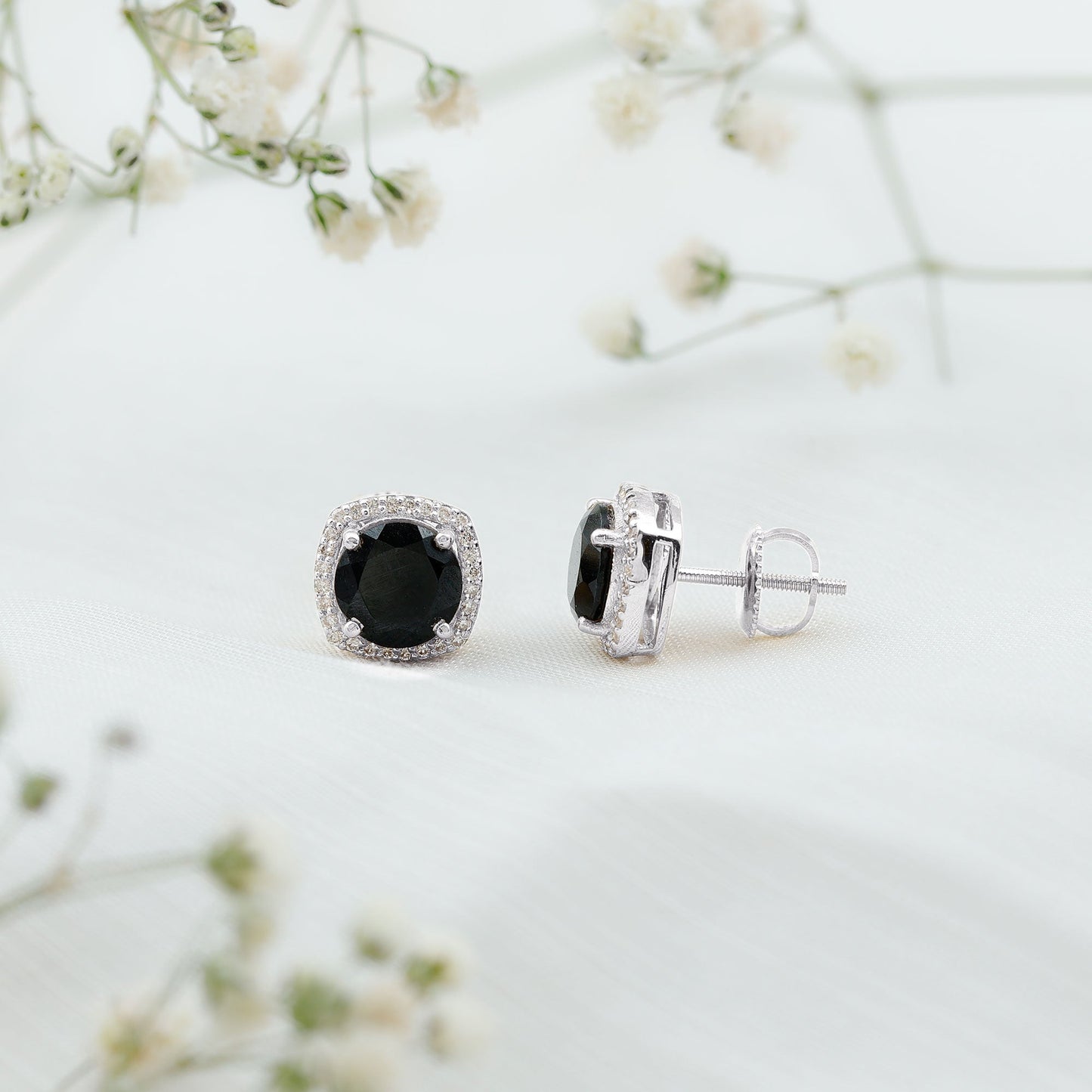 3 Carat Black Spinel Stud Earrings with Diamond Halo