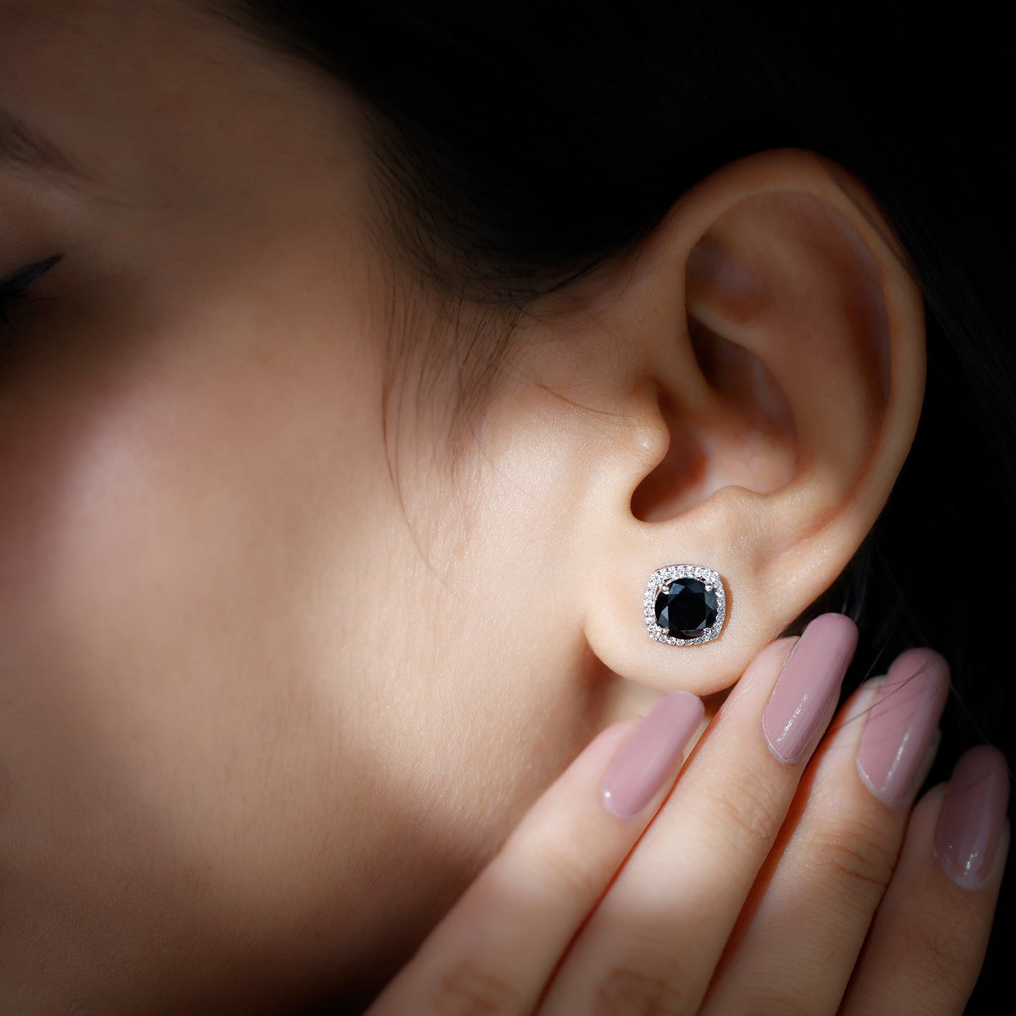 3 Carat Black Spinel Stud Earrings with Diamond Halo