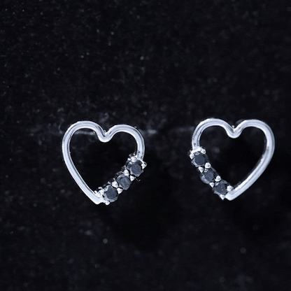 Open Heart Stud Earrings with 3 Lab Created Black Diamonds