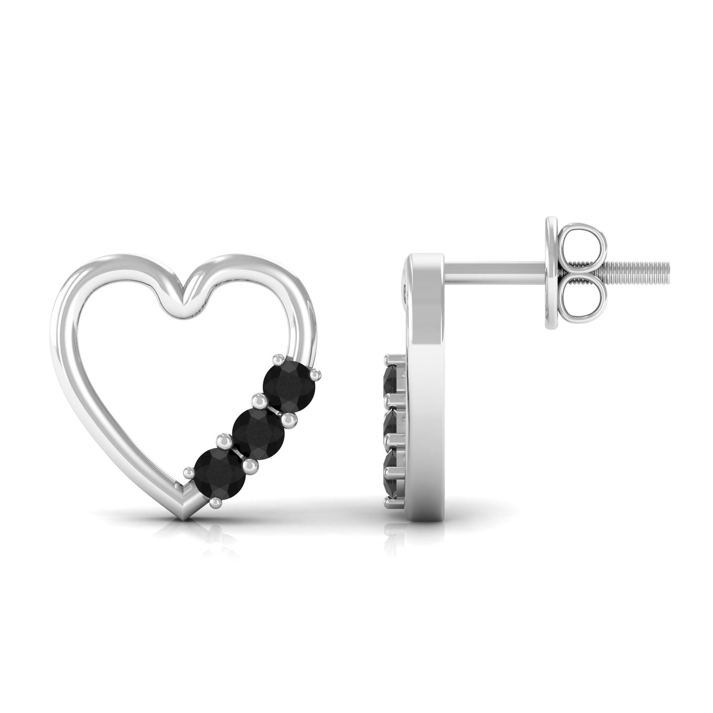Open Heart Stud Earrings with 3 Lab Created Black Diamonds