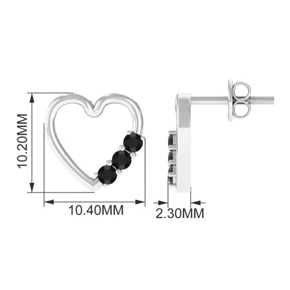 Open Heart Stud Earrings with 3 Lab Created Black Diamonds