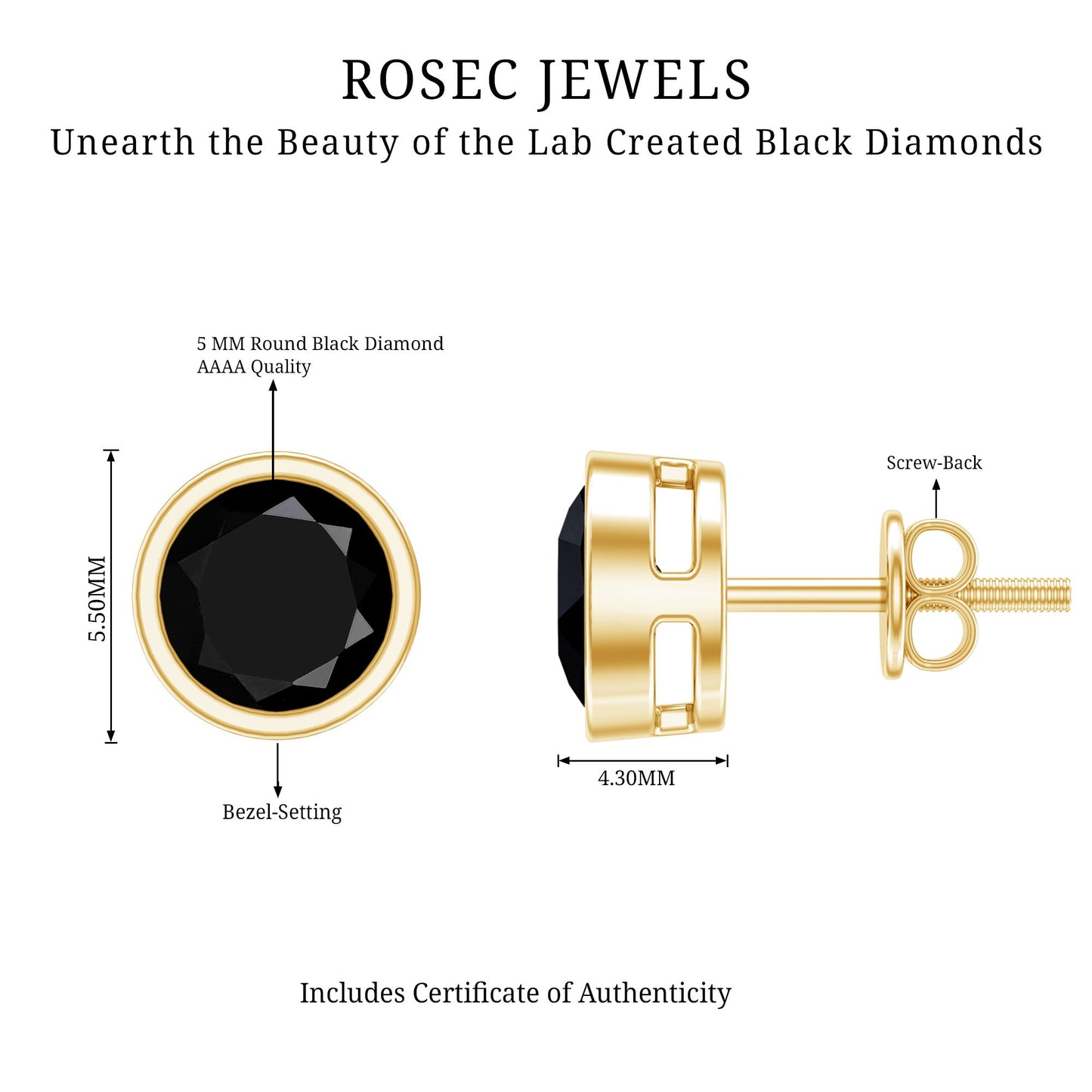 1.6 Carat Bezel Set Lab Created Black Diamond Solitaire Stud Earrings