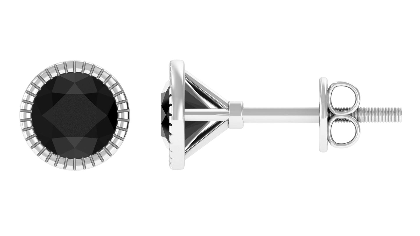 Round Created Black Diamond Solitaire Stud Earrings in Bezel Setting