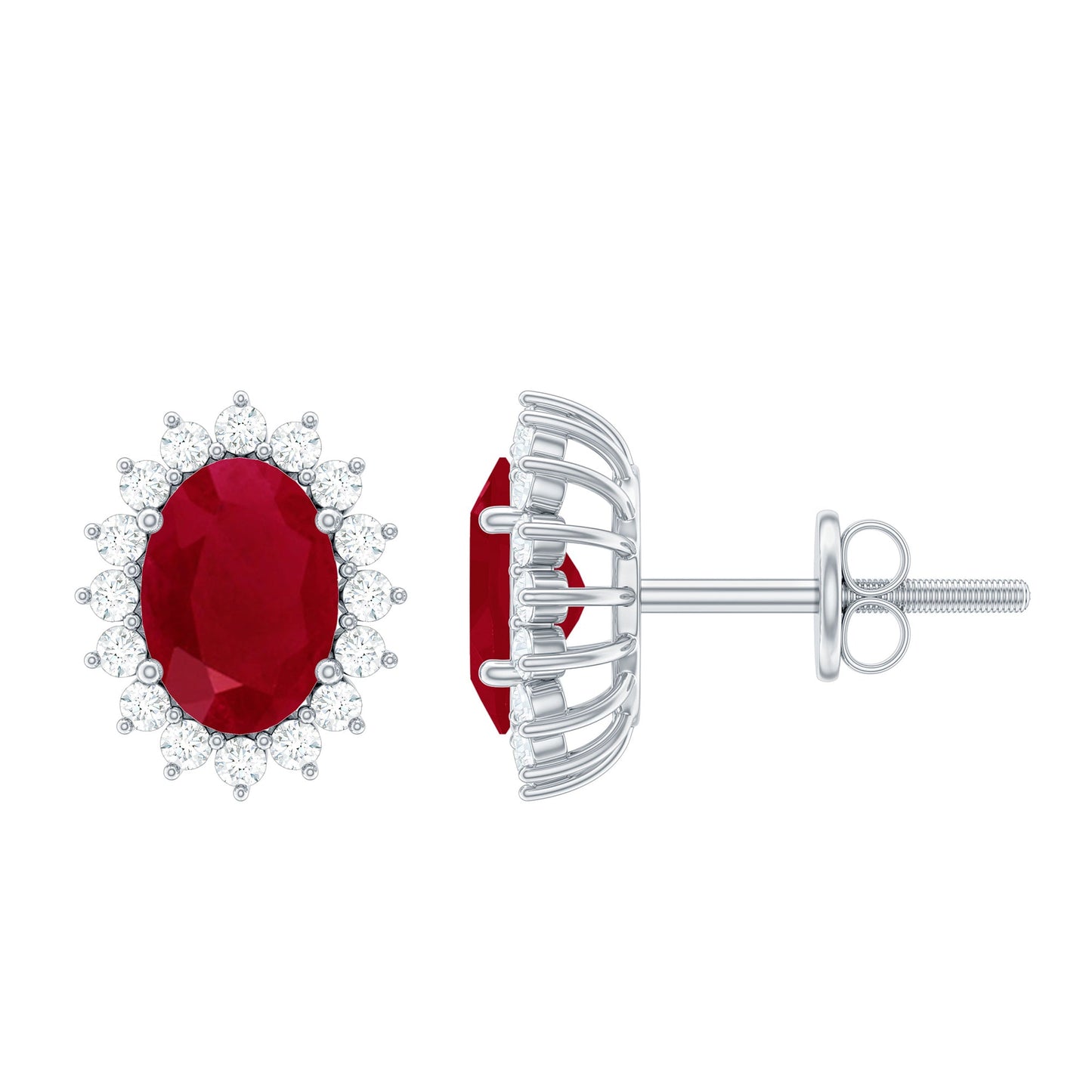 Genuine Oval Cut Ruby and Diamond Halo Stud Earrings