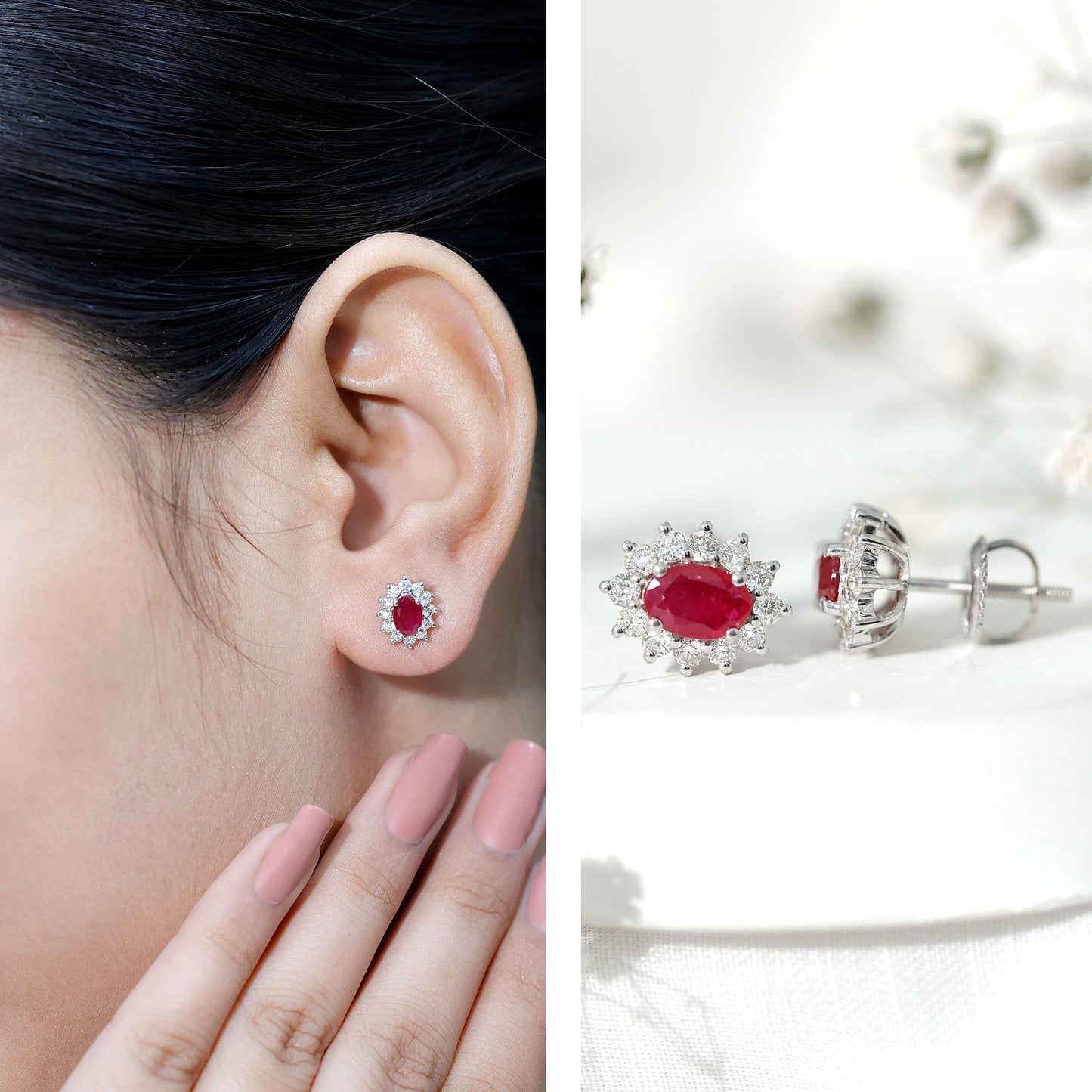 Genuine Oval Cut Ruby and Diamond Halo Stud Earrings