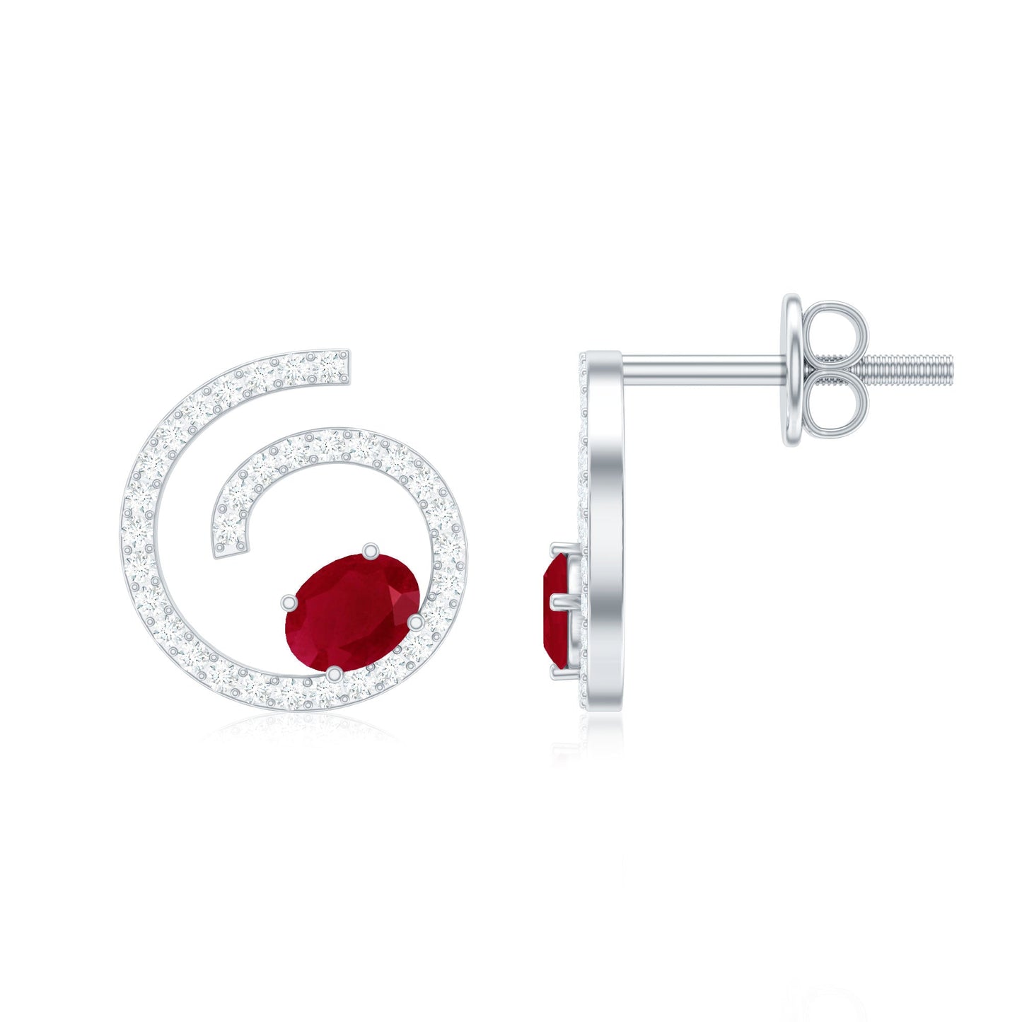 1 CT Oval Cut Ruby and Diamond Swirl Stud Earrings