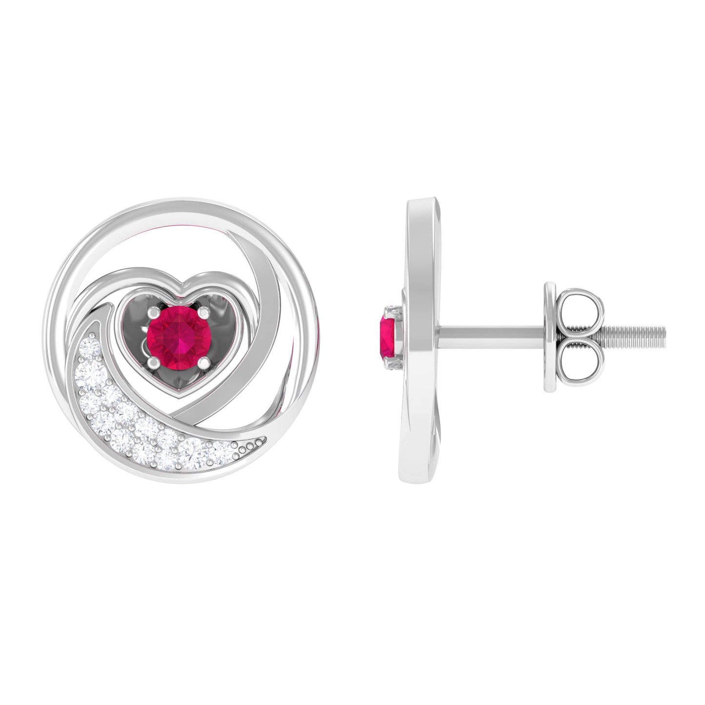 Round Ruby and Diamond Heart Stud Earrings