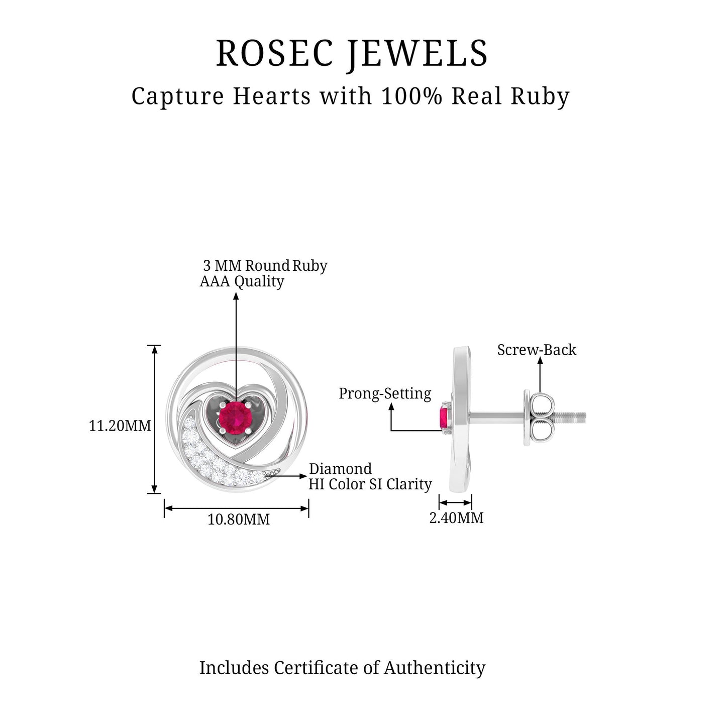 Round Ruby and Diamond Heart Stud Earrings
