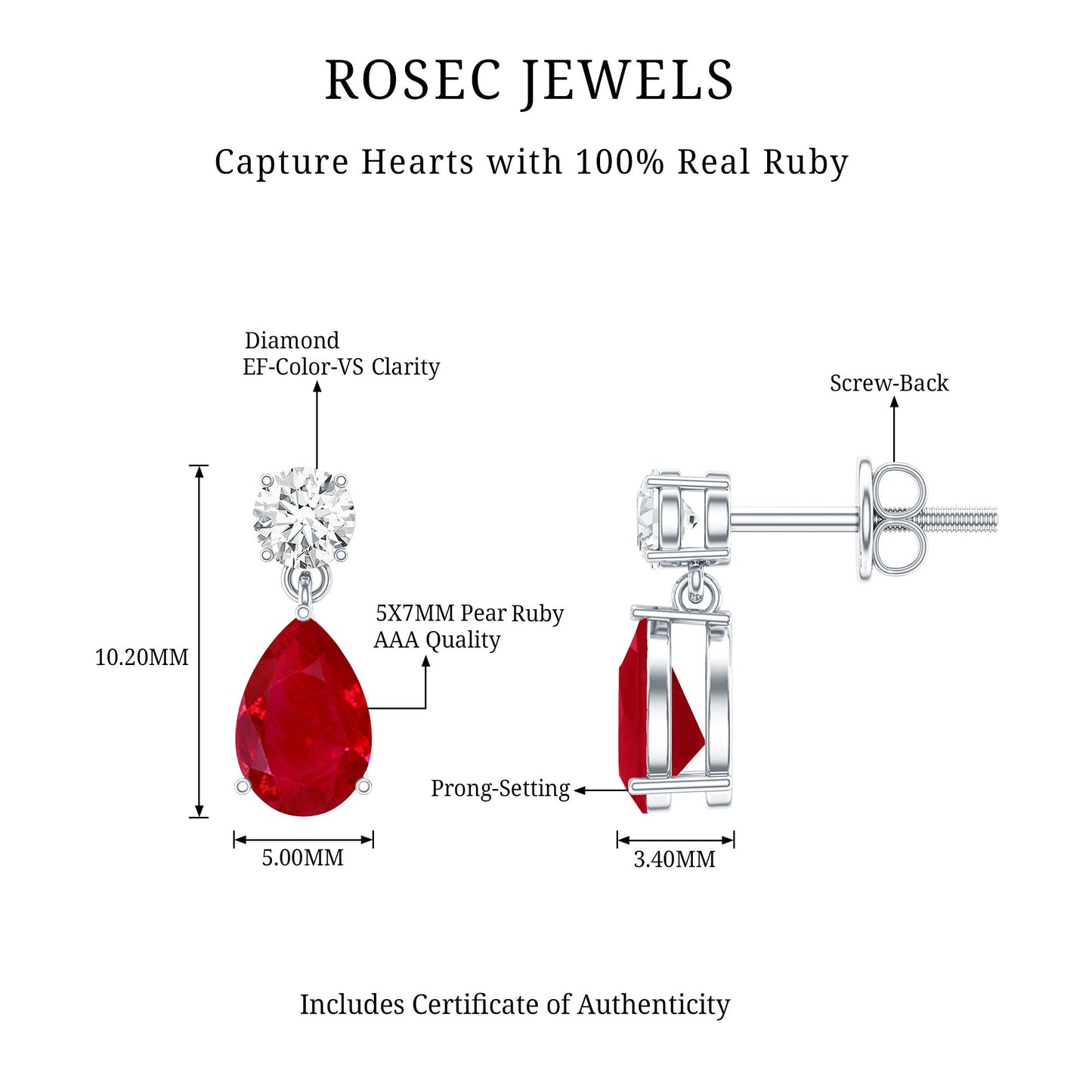 Natural Ruby Teardrop Drop Earrings with Lab Grown Diamond
