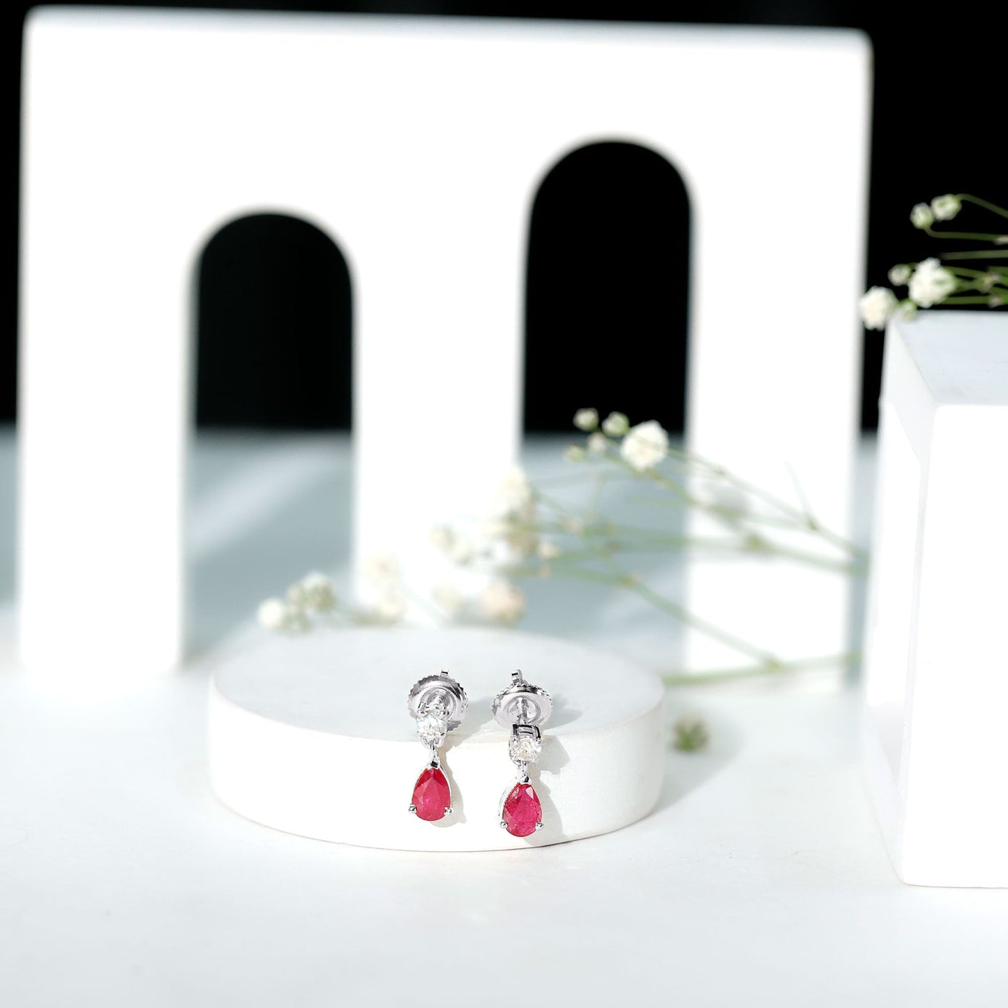 Natural Ruby Teardrop Drop Earrings with Lab Grown Diamond