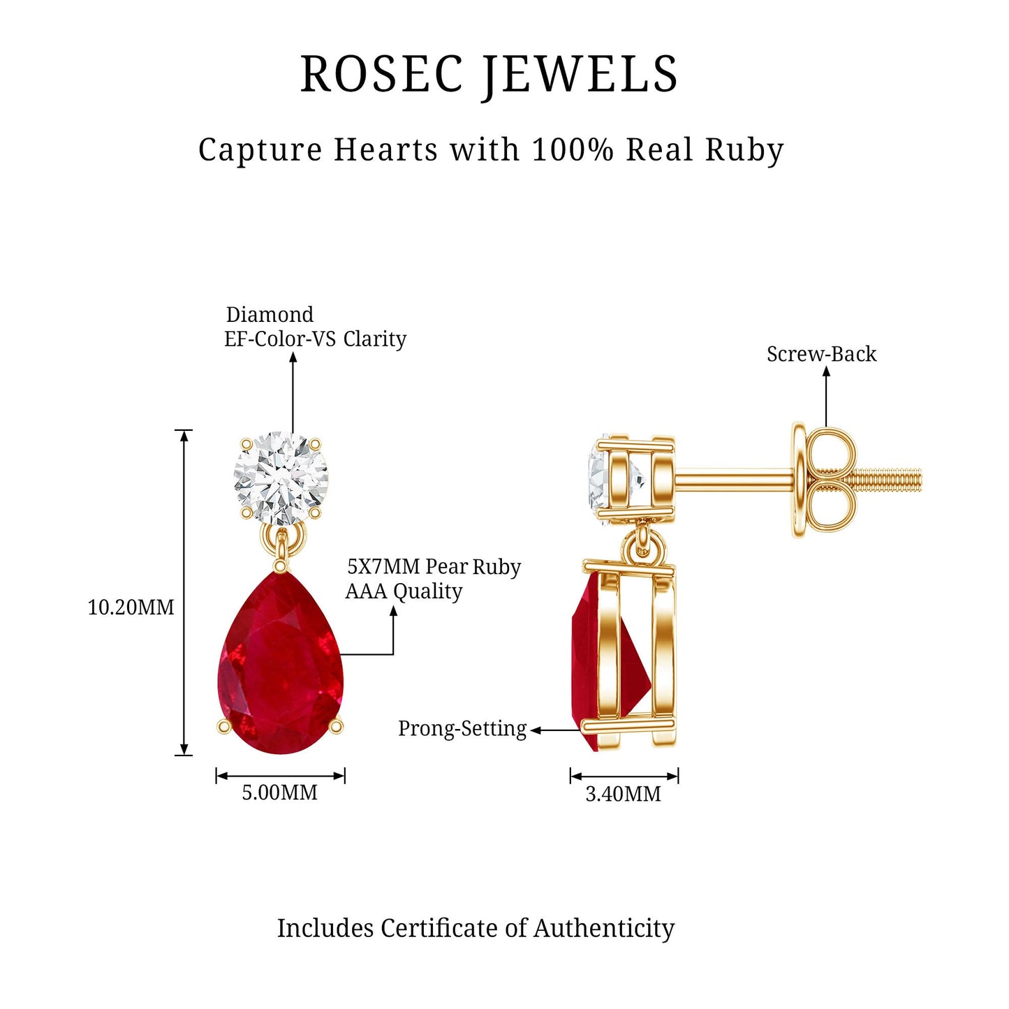 Natural Ruby Teardrop Drop Earrings with Lab Grown Diamond