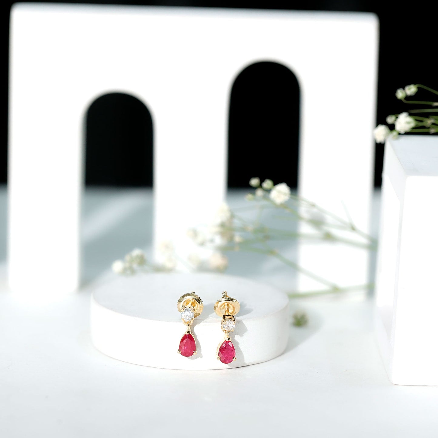 Natural Ruby Teardrop Drop Earrings with Lab Grown Diamond