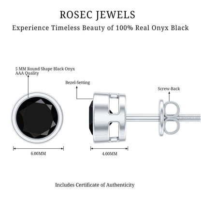 Black Onyx Solitaire Stud Earrings in Bezel Setting
