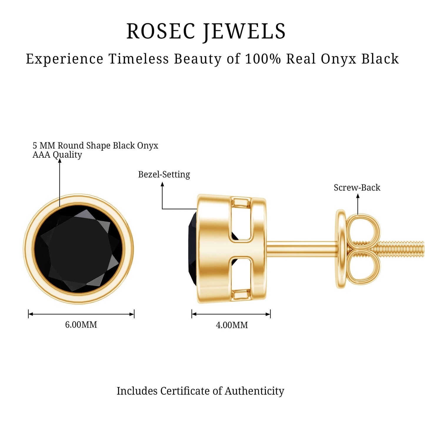 Black Onyx Solitaire Stud Earrings in Bezel Setting