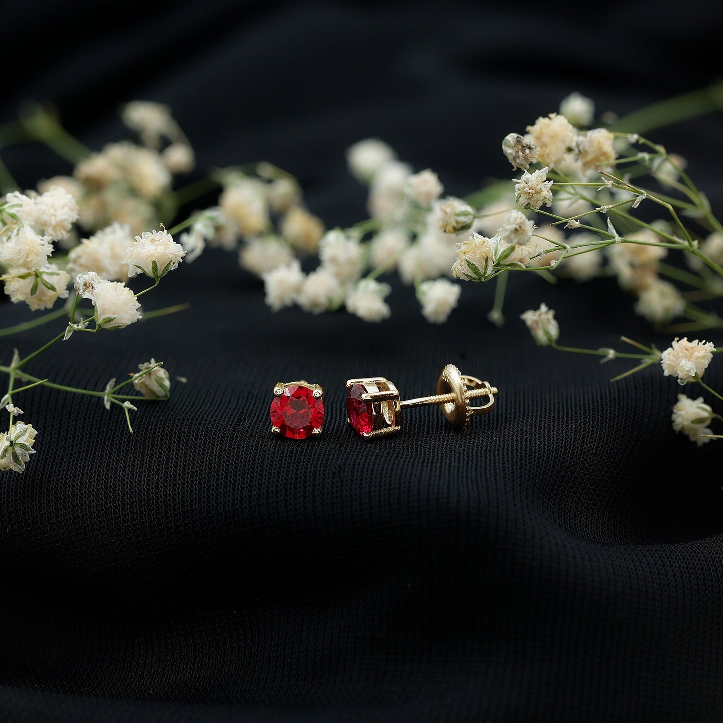 Round Shape Lab Grown Ruby Solitaire Stud Earrings