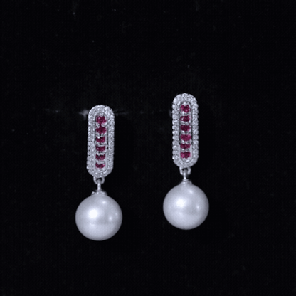 Pearl Bridal Earrings with Ruby and Diamond