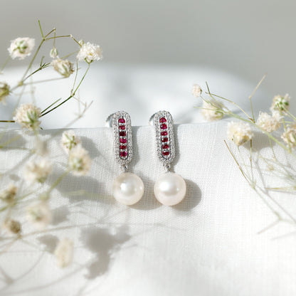 Pearl Bridal Earrings with Ruby and Diamond