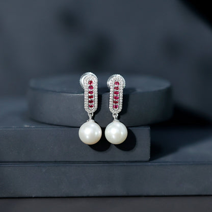 Pearl Bridal Earrings with Ruby and Diamond