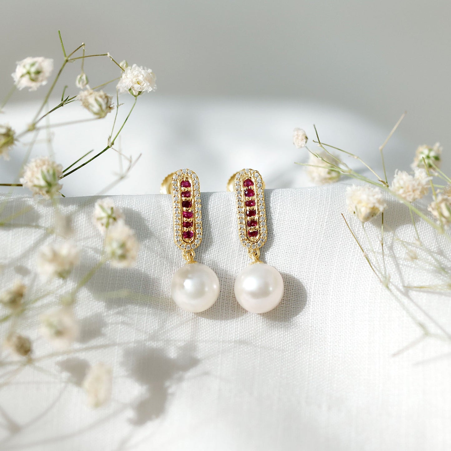 Pearl Bridal Earrings with Ruby and Diamond