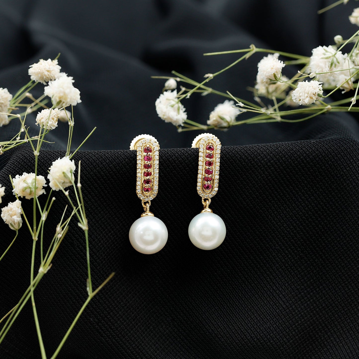 Pearl Bridal Earrings with Ruby and Diamond