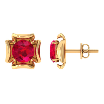 Art Deco Inspired Lab Created Ruby Solitaire Stud Earrings
